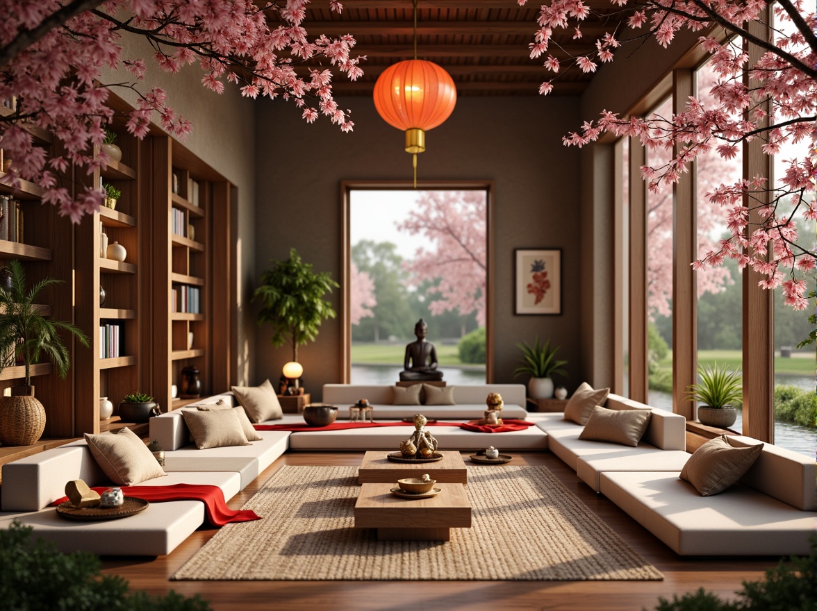 Prompt: Delicate cherry blossom branches, soft pink petals, gentle lanterns, intricate wooden carvings, plush silk fabrics, vibrant red accents, subtle golden details, serene Buddha statues, natural woven baskets, gentle wind chimes, peaceful water features, soothing greenery, warm beige walls, traditional Asian-inspired furniture, harmonious Feng Shui layout, shallow depth of field, 1/1 composition, soft warm lighting, realistic textures.