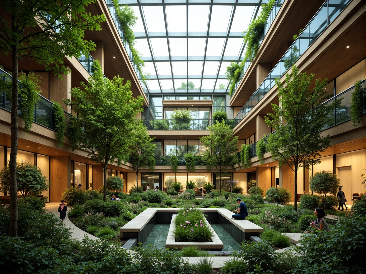 Prompt: Vibrant atrium, lush green walls, floor-to-ceiling windows, clerestory openings, skylights, diffused natural light, minimal artificial lighting, bright open spaces, airy atmosphere, sustainable building materials, wooden accents, earthy tones, organic shapes, living roofs, verdant surroundings, serene ambiance, soft warm glow, 1/1 composition, shallow depth of field, panoramic view, realistic textures.