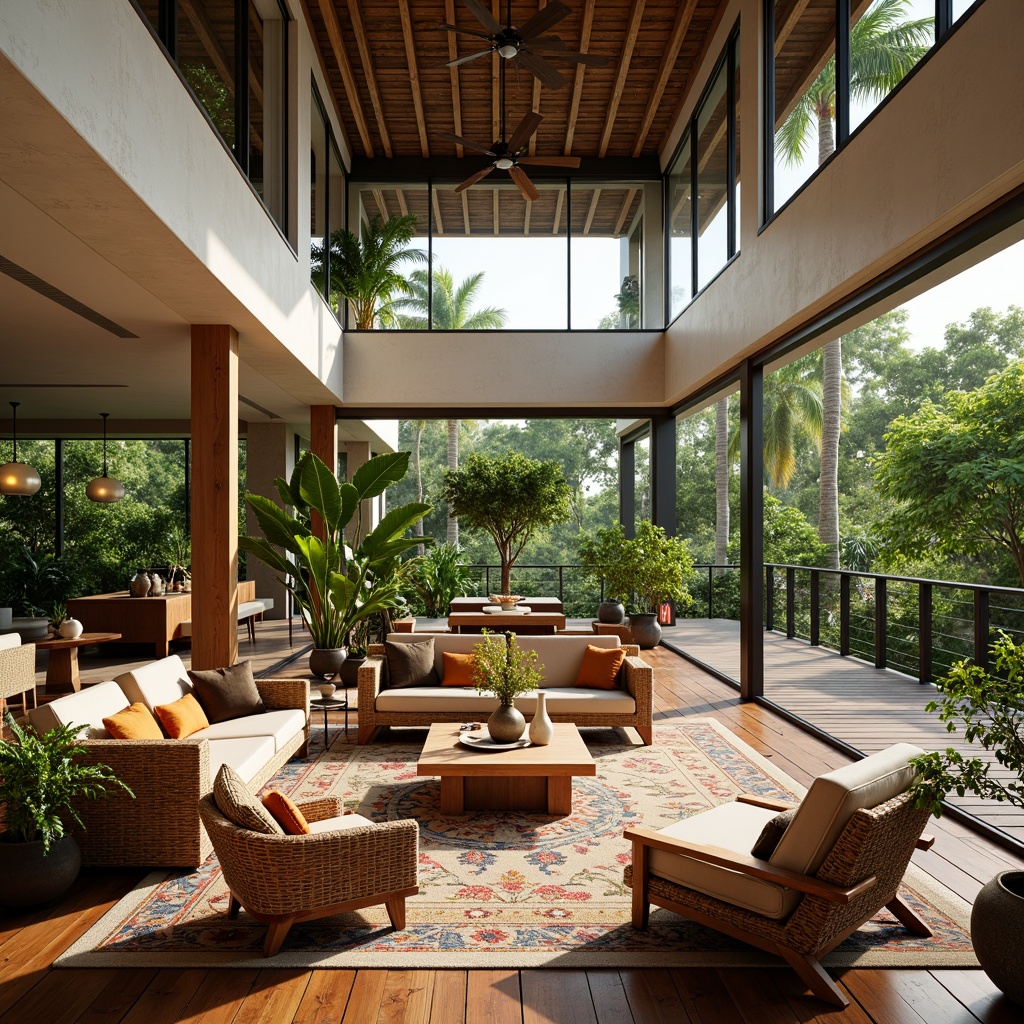 Prompt: Tropical open-plan living space, high ceilings, large windows, sliding glass doors, natural ventilation, polished wooden floors, woven rattan furniture, lush greenery, exotic plants, vibrant floral arrangements, colorful textiles, intricate island-inspired patterns, warm neutral color palette, soft diffused lighting, shallow depth of field, 3/4 composition, panoramic view, realistic textures, ambient occlusion.