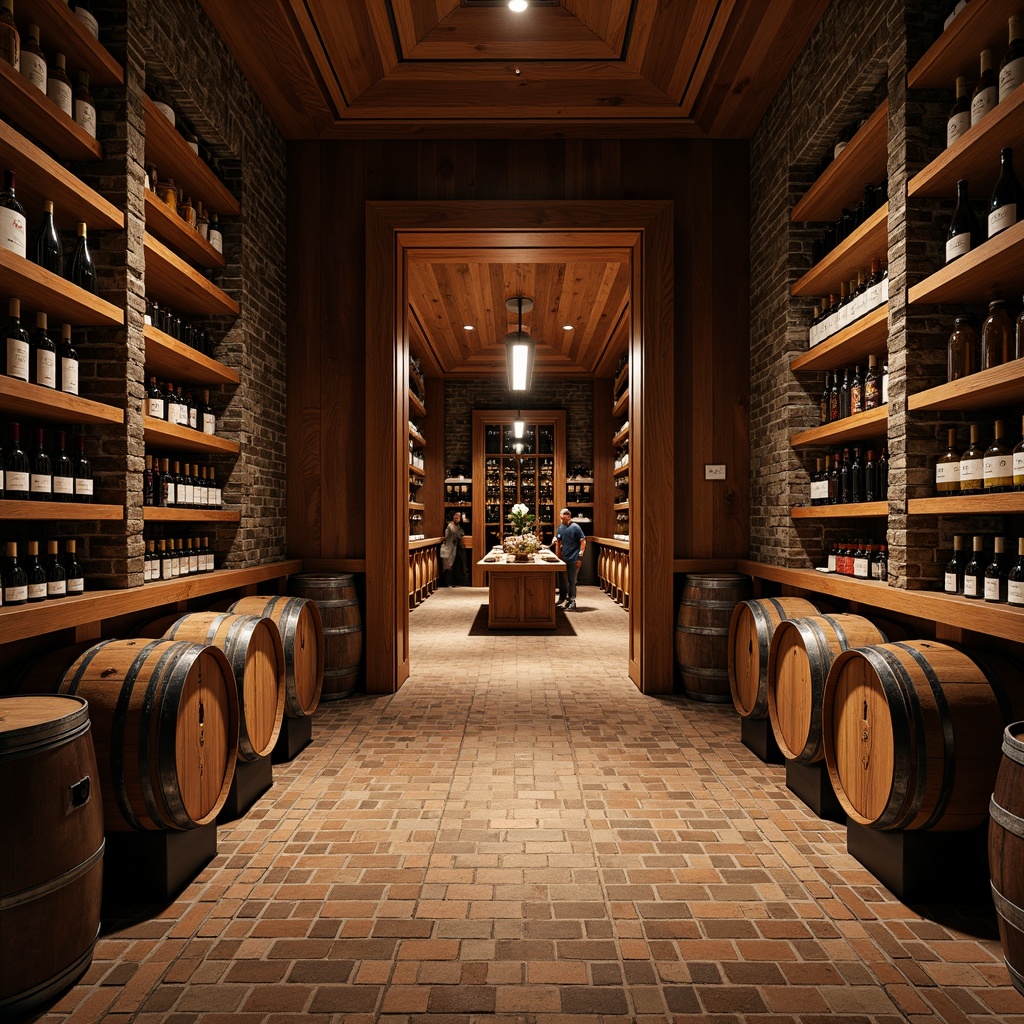 Prompt: Luxurious wine cellar, rich wood tones, dimmed lighting, temperature-controlled environment, stone walls, wooden wine racks, sleek metal accents, leather-bound wine barrels, vintage wine bottles, rustic brick floors, polished concrete surfaces, epoxy resin coatings, anti-slip finishes, moisture-resistant materials, earthy color palette, warm ambient lighting, shallow depth of field, 1/1 composition, realistic textures, soft focus effect.