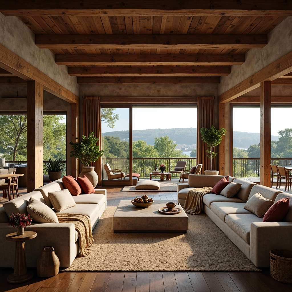 Prompt: Rustic farmhouse, open floor plan, high ceilings, exposed wooden beams, natural stone walls, reclaimed wood floors, vintage decorative items, cozy throw blankets, plush sofas, earthy color palette, warm soft lighting, large windows, sliding glass doors, lush greenery views, countryside landscape, rolling hills, sunny day, shallow depth of field, 1/1 composition, realistic textures, ambient occlusion.