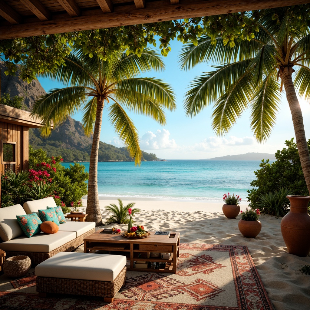 Prompt: Exotic island getaway, lush palm trees, vibrant floral arrangements, rustic wooden accents, woven rattan furniture, natural fiber textiles, earthy terracotta pots, colorful tiki torches, intricate tribal patterns, distressed wood grain, warm sandy beaches, crystal-clear turquoise waters, bright sunny day, soft warm lighting, shallow depth of field, 1/1 composition, realistic textures, ambient occlusion.