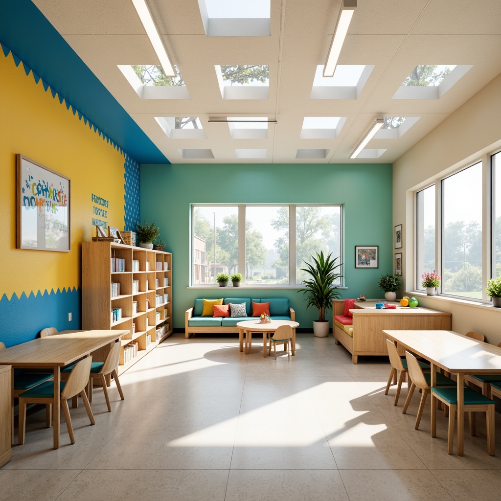 Prompt: Vibrant elementary school interior, soft pastel colors, calming blue accents, warm beige tones, natural wood textures, playful polka dot patterns, educational murals, inspirational quotes, ergonomic furniture, rounded edges, ample natural light, clerestory windows, softbox lighting, 1/1 composition, shallow depth of field, realistic renderings.