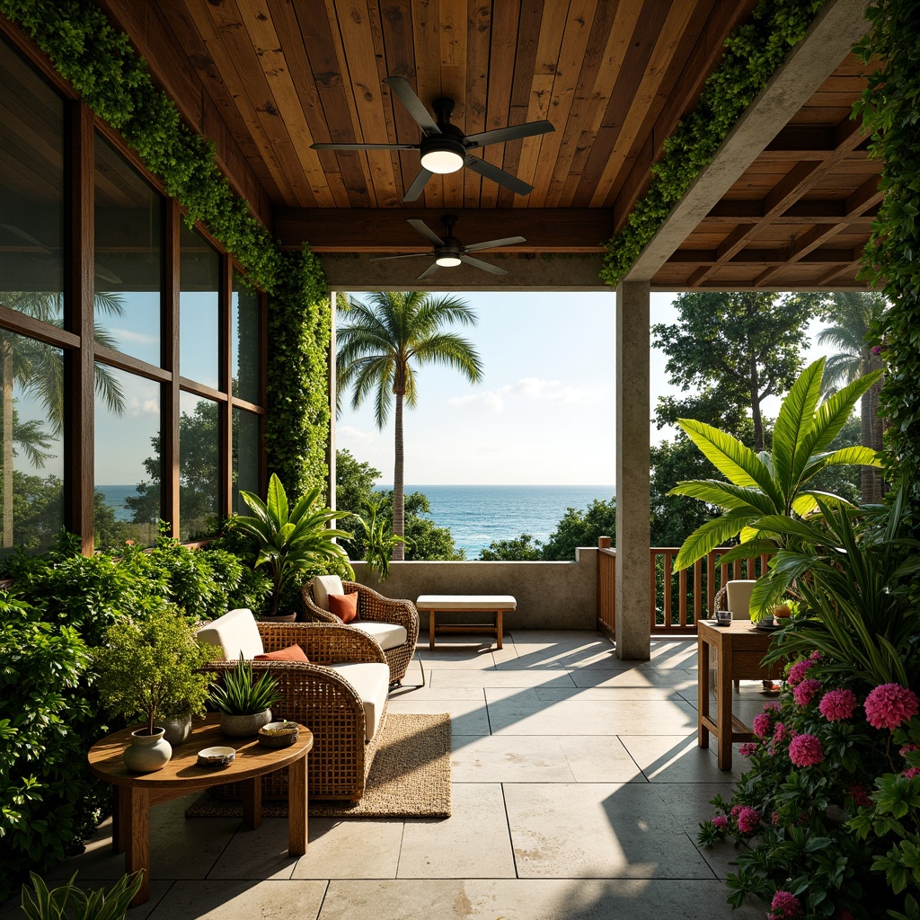 Prompt: Lush tropical plants, exotic flowers, natural wood accents, woven rattan furniture, vibrant green walls, large windows, sliding glass doors, ocean views, warm sunny day, soft diffused lighting, shallow depth of field, 1/1 composition, intimate scale, cozy atmosphere, textured stone floors, reclaimed wood ceilings, earthy color palette, organic shapes, curved lines, natural ventilation systems, living walls, green roofs, rainforest-inspired patterns, colorful tribal textiles, intricate botanical motifs.