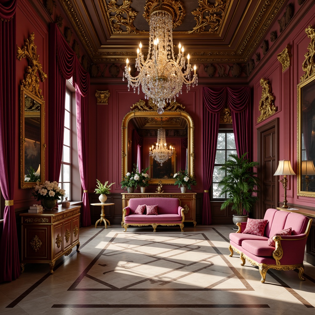 Prompt: Opulent baroque interior, rich velvet drapes, golden ornate frames, lavish crystal chandeliers, intricately carved wooden furniture, regal red walls, majestic purple accents, luxurious cream marble floors, subtle warm lighting, dramatic shadows, 3/4 composition, ornate mirrors, gilded details, grandiose architecture.