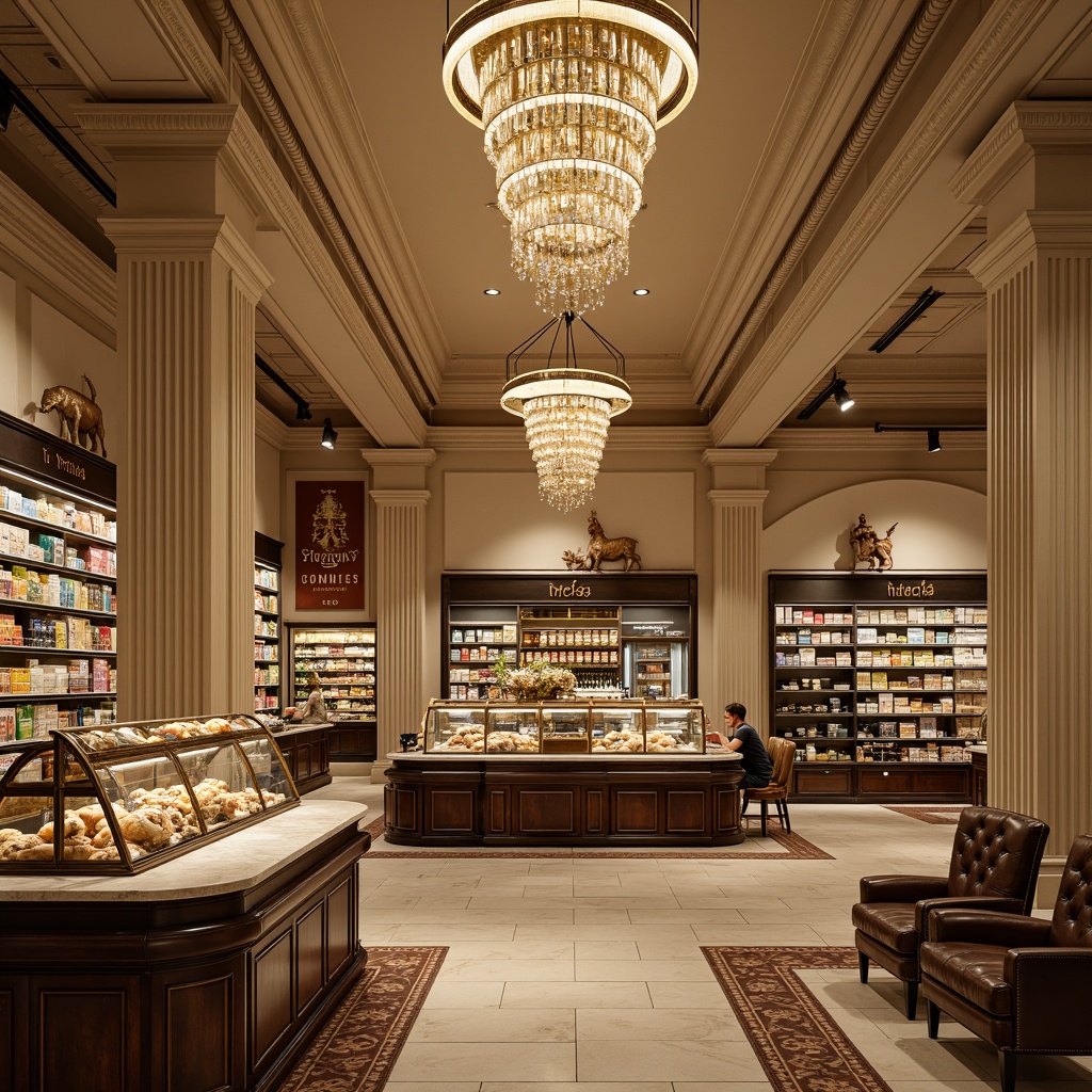 Prompt: Elegant grocery store, neoclassical columns, ornate moldings, crystal chandeliers, luxurious wood accents, refined marble countertops, bronze metalwork, intricate tile patterns, sophisticated display cases, antique wooden shelves, distressed leather armchairs, vintage-inspired signage, warm beige color scheme, soft golden lighting, shallow depth of field, 1/1 composition, realistic textures, ambient occlusion.