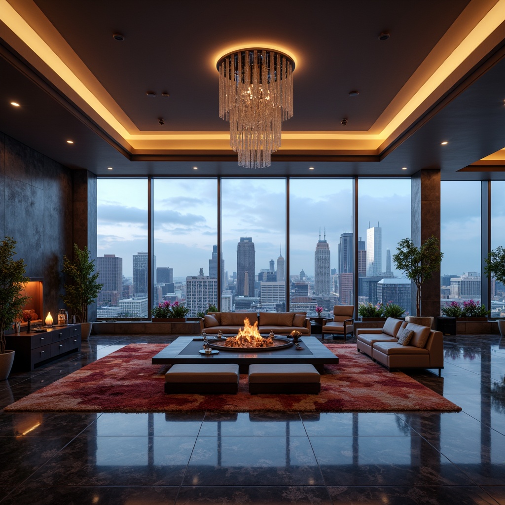 Prompt: Luxurious penthouse, breathtaking city skyline views, floor-to-ceiling windows, sleek modern architecture, minimalist decor, sophisticated ambiance, LED strip lighting, warm ambient glow, recessed ceiling lights, crystal chandeliers, metallic finishes, glossy marble floors, plush carpeting, lavish furniture, panoramic vistas, 1/1 composition, high-contrast lighting, dramatic shadows, vibrant color accents, futuristic smart home systems, automated window treatments, sleek remote controls.