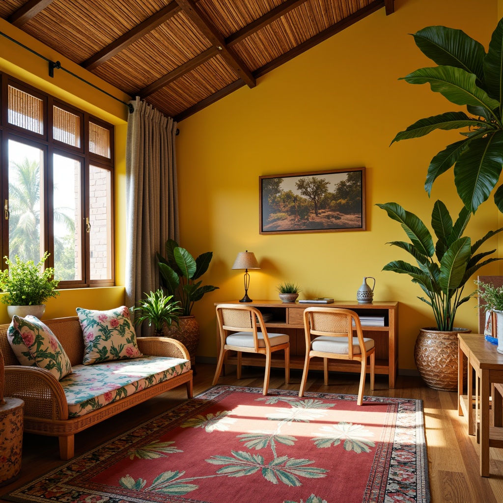 Prompt: Vibrant tropical dorm, rattan furniture, woven wicker chairs, natural fiber rugs, exotic wood accents, palm tree patterns, colorful textile upholstery, leaf-inspired decorative motifs, bamboo blinds, reclaimed wood desks, coastal-themed wall art, sunny yellow walls, soft warm lighting, shallow depth of field, 1/1 composition, relaxed atmosphere.