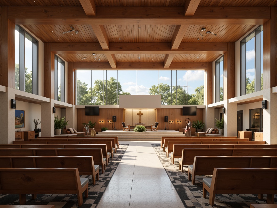 Prompt: Modern church interior, sleek wooden pews, minimalist altar, stained glass windows, soft warm lighting, subtle color palette, geometric patterned carpets, contemporary worship space, comfortable seating areas, acoustic sound systems, projection screens, lecterns, elegant chandeliers, polished stone floors, neutral tone walls, abstract artwork, calming ambiance, 1/1 composition, shallow depth of field, realistic textures, ambient occlusion.