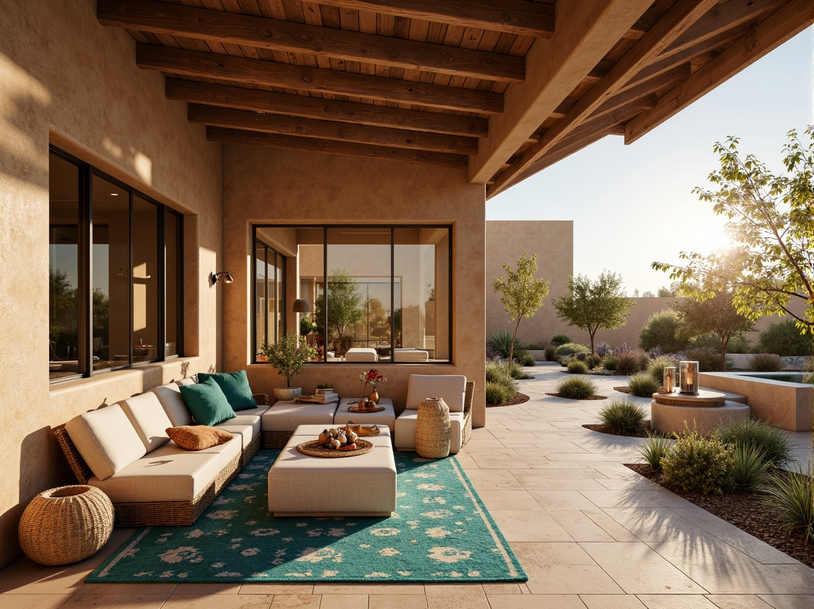 Prompt: Adobe earth tones, warm beige walls, natural stone flooring, wooden accents, Southwestern patterned rugs, vibrant turquoise accessories, woven baskets, plush textiles, ambient outdoor light, large windows, sliding glass doors, shaded outdoor spaces, misting systems, xeriscaping, succulent plants, desert flora, warm sunny day, soft gentle lighting, 3/4 composition, panoramic view, realistic textures, ambient occlusion.