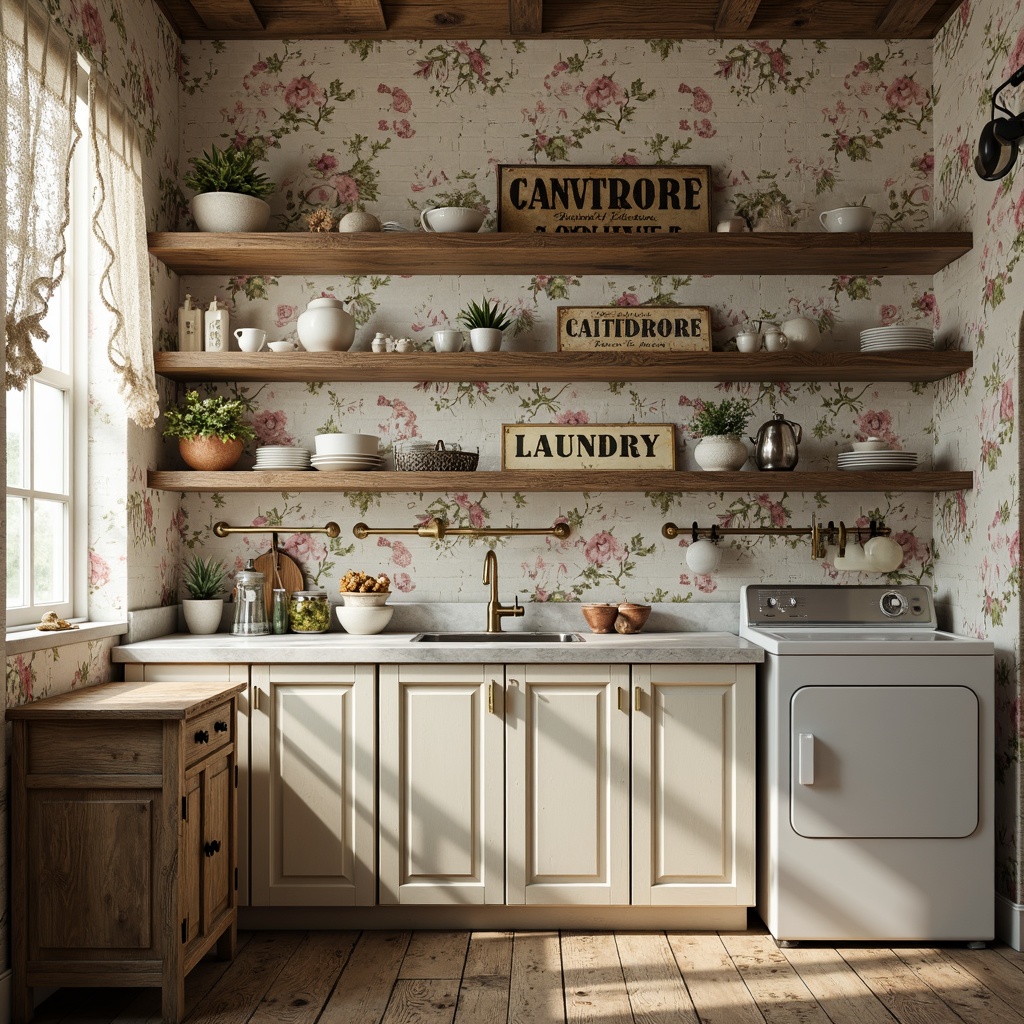 Prompt: Distressed wooden shelves, vintage metal laundry signs, soft pastel color palette, lace curtains, antique washing machines, floral patterns, distressed brick walls, rustic wooden floors, creamy white cabinets, ornate metal fixtures, delicate porcelain vases, artificial flowers, warm soft lighting, shallow depth of field, 1/1 composition, realistic textures, ambient occlusion.