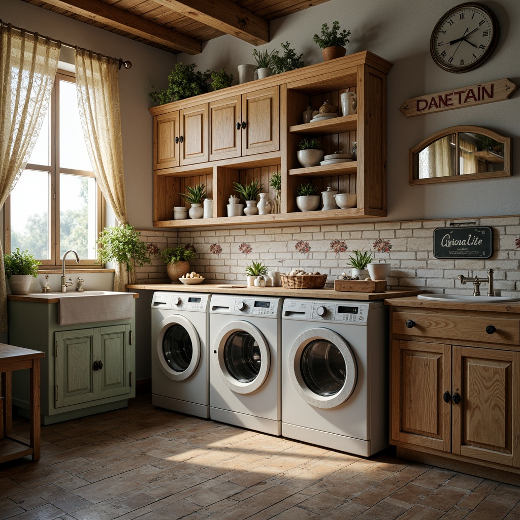 Prompt: Distressed wooden cabinets, vintage metal signs, soft pastel colors, lace curtains, floral patterns, antique washing machines, distressed brick walls, worn wooden floors, natural linen fabrics, rustic metal accents, ornate decorative mirrors, soft warm lighting, shallow depth of field, 1/1 composition, intimate close-up view, realistic textures, ambient occlusion.