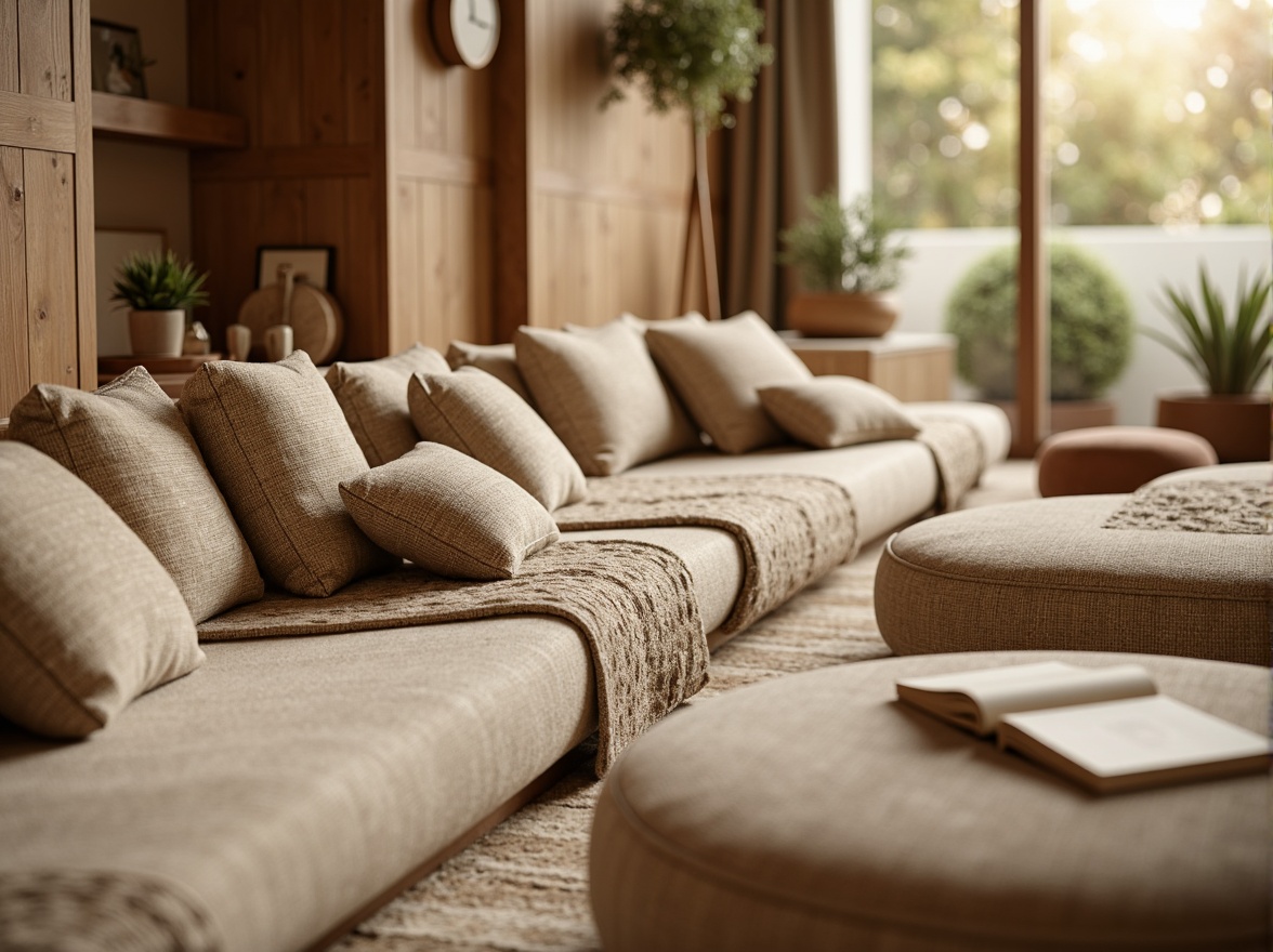 Prompt: Cozy fabric textures, plush upholstery, warm beige tones, soft velvety surfaces, intricate woven patterns, natural fiber materials, earthy color palette, organic shapes, rounded edges, comfortable seating areas, ambient lighting, subtle shadows, realistic rendering, shallow depth of field, 2/3 composition, inviting atmosphere, serene ambiance.