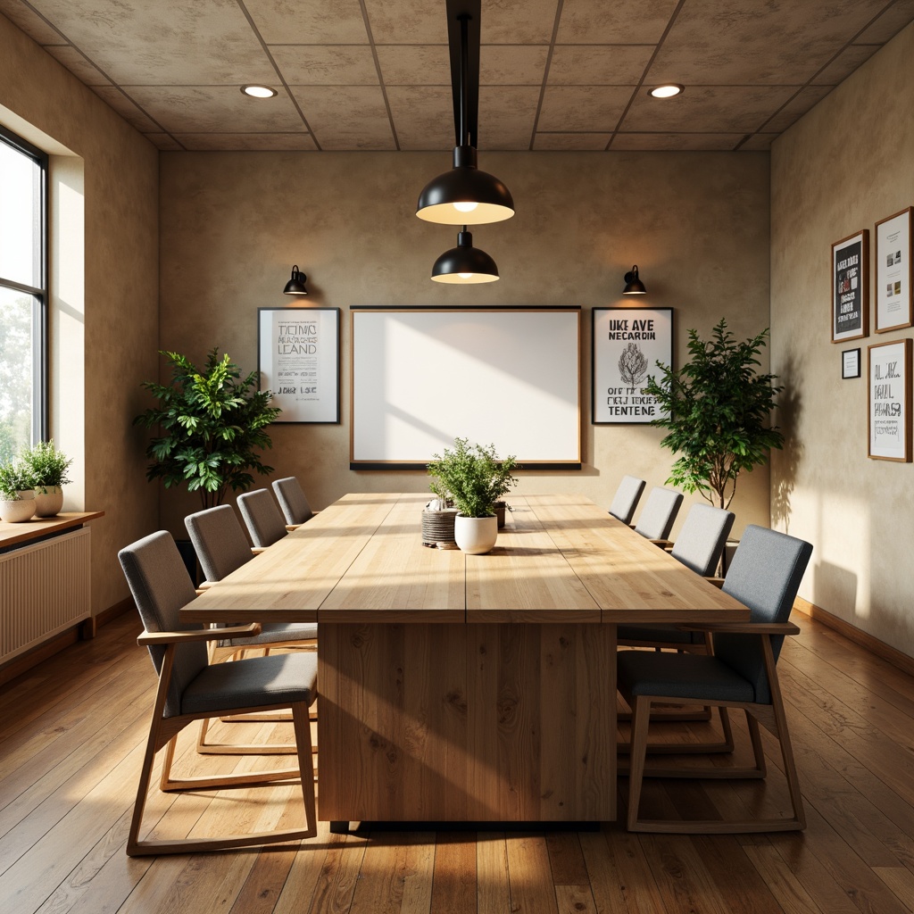 Prompt: Cozy meeting room, wooden conference table, ergonomic chairs, floor lamps, inspirational quotes, collaborative whiteboards, acoustic panels, minimalist decor, natural materials, abundant plants, warm beige colors, softbox lighting, 1/2 composition, relaxed atmosphere, inviting textures, subtle shadows.