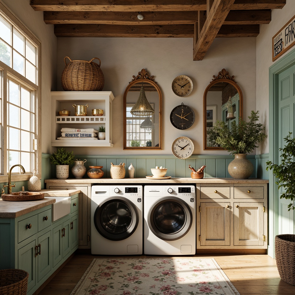 Prompt: Rustic laundry room, distressed wood cabinets, vintage metal signs, woven wicker baskets, soft pastel colors, lace curtains, ornate mirrors, porcelain decorative plates, natural stone countertops, antique brass fixtures, floral patterns, delicate lace details, warm golden lighting, shallow depth of field, 1/1 composition, realistic textures, ambient occlusion.