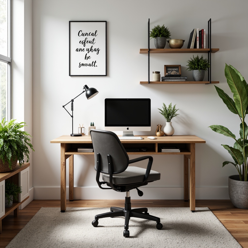 Prompt: Modern home office, wooden desk, ergonomic chair, minimalist decor, floor lamp, green plants, motivational quotes, framed artwork, wall-mounted shelves, organized storage, sleek laptop stand, adjustable monitor arm, comfortable carpet, calm color scheme, natural light, softbox lighting, shallow depth of field, 1/1 composition, realistic textures, ambient occlusion.