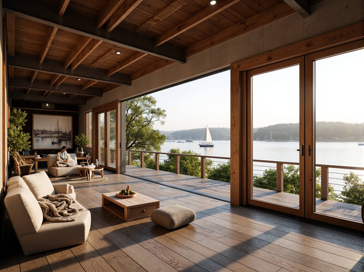 Prompt: Waterfront boathouse, minimalist design, large windows, sliding glass doors, natural wood accents, reclaimed wooden floors, rustic metal beams, cozy reading nooks, plush throw blankets, nautical-themed decor, soft warm lighting, shallow depth of field, 1/2 composition, panoramic view, realistic textures, ambient occlusion, serene lake views, surrounding lush greenery, sailboats, calm waters, misty morning atmosphere, gentle sunbeams.