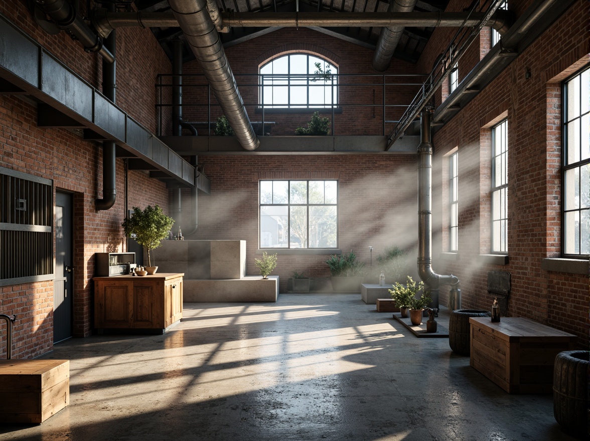 Prompt: Industrial-chic factory, exposed brick walls, metal beams, concrete floors, reclaimed wood accents, distressed finishes, urban loft atmosphere, natural light pouring in, large windows, minimalist decor, functional pipes, mechanical equipment, metallic ladders, rough-hewn stone foundations, brutalist architecture, dramatic shadows, high contrast lighting, gritty textures, realistic materials, cinematic composition, atmospheric fog effect.