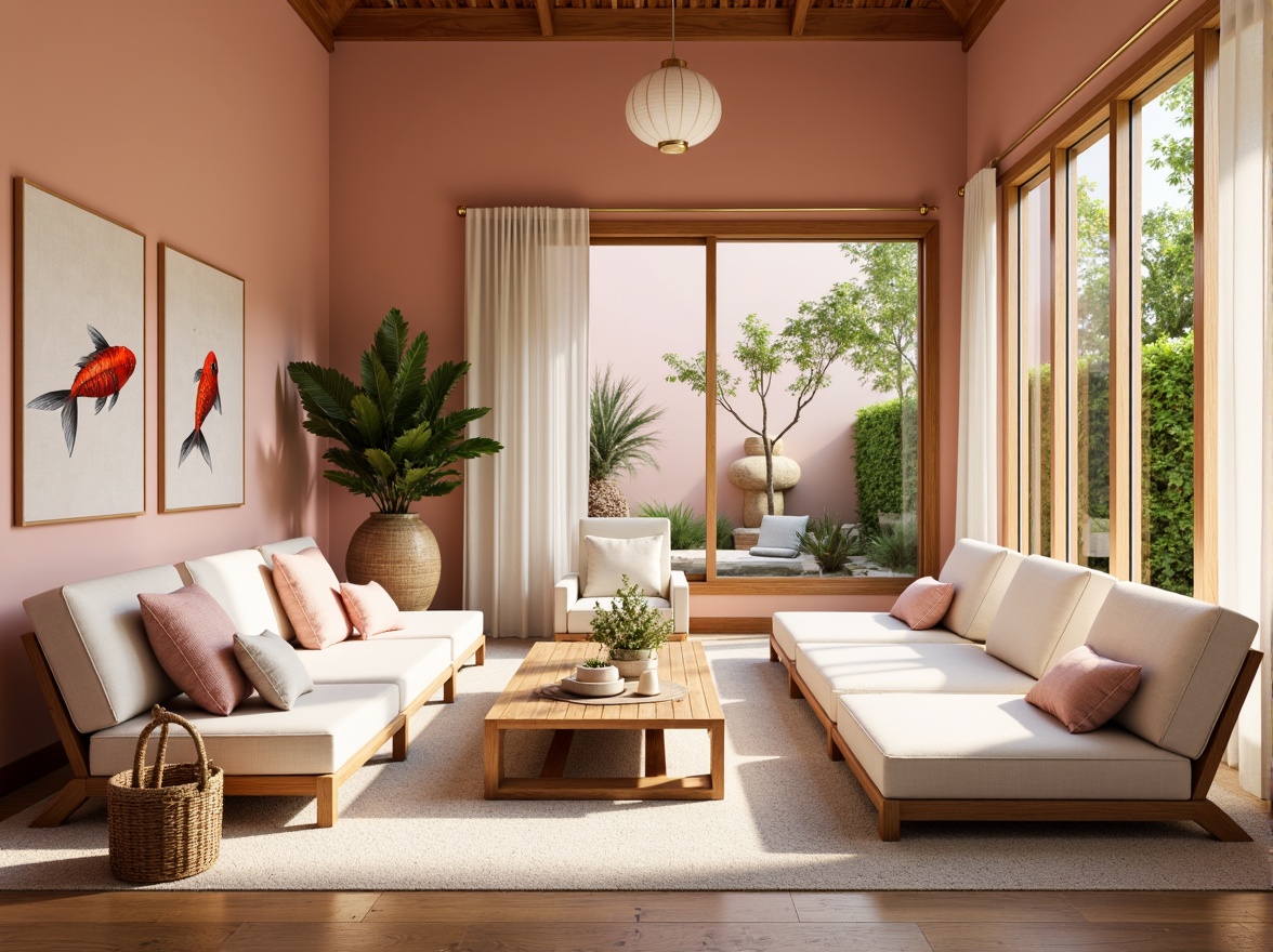 Prompt: Soft peach walls, gentle cherry blossom pink accents, creamy white furniture, natural wood tones, woven bamboo textures, delicate silk fabrics, subtle gold hardware, traditional Japanese sliding doors, serene paper lanterns, whimsical koi fish mobiles, lush greenery, warm afternoon lighting, shallow depth of field, 1/1 composition, intimate setting, realistic textures, ambient occlusion.