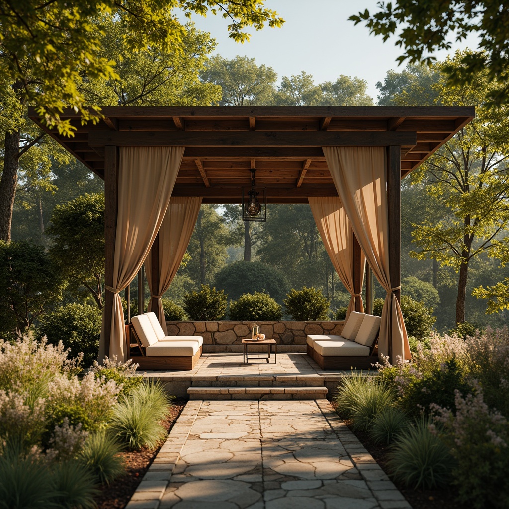 Prompt: Rustic wooden pavilion, distressed stone walls, earthy brown color palette, lush greenery surroundings, soft natural lighting, warm beige fabrics, vintage metal lanterns, elegant curved lines, ornate ironwork details, charming countryside scenery, blooming wildflowers, serene forest atmosphere, shallow depth of field, 1/2 composition, warm golden hour, realistic textures, ambient occlusion.