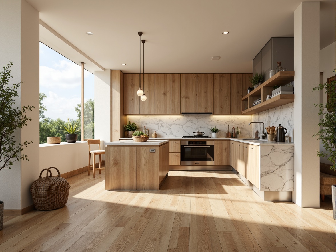 Prompt: Warm beige kitchen, natural wood flooring, oak planks, rustic texture, subtle grain pattern, earthy tones, calming atmosphere, soft warm lighting, 3/4 composition, shallow depth of field, modern cabinetry, marble countertops, stainless steel appliances, pendant lighting fixtures, airy feel, botanical patterns, woven baskets, rattan furniture accents.