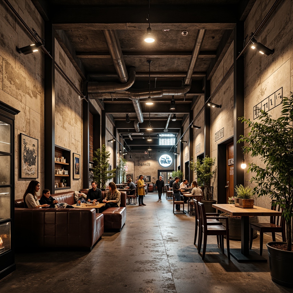 Prompt: Brutalist marketplace interior, rugged textured concrete walls, rough-hewn stone floors, distressed wooden accents, industrial metal beams, exposed ductwork, urban graffiti, neon signage, dim atmospheric lighting, shallow depth of field, 1/1 composition, realistic textures, ambient occlusion, worn leather seating, reclaimed wood shelving, metallic display cases, raw Edison bulbs, gritty urban atmosphere, bustling commercial activity.