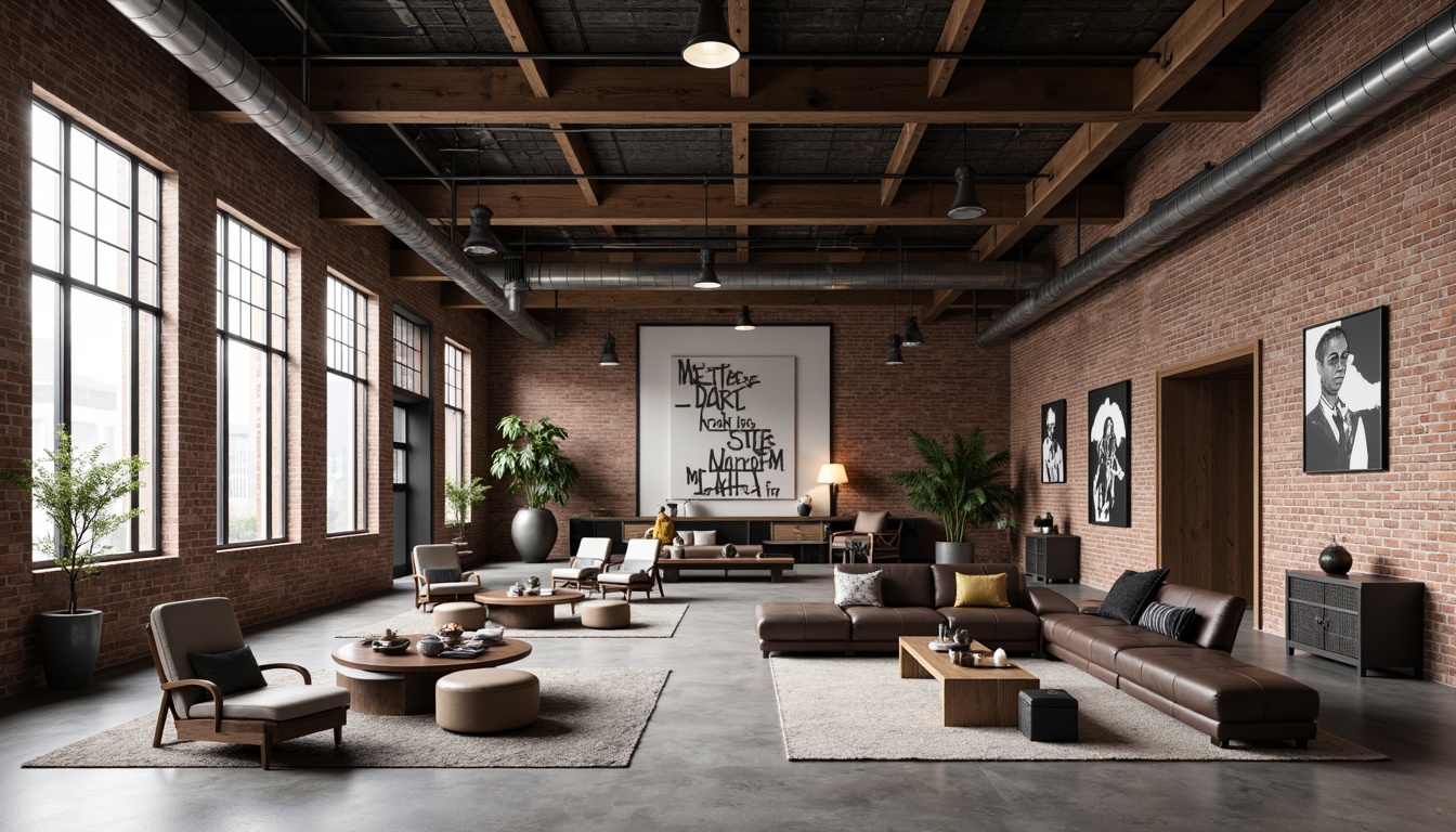 Prompt: Industrial-chic interior, exposed brick walls, polished concrete floors, raw metal beams, minimalist decor, geometric patterns, bold typography, functional lighting fixtures, industrial-style furniture, matte black accents, smooth leather upholstery, rich wood tones, neutral color palette, natural textiles, abstract artwork, modernist sculptures, sleek lines, rectangular forms, abundant natural light, soft shadows, high-contrast photography, 1/2 composition, atmospheric ambiance.