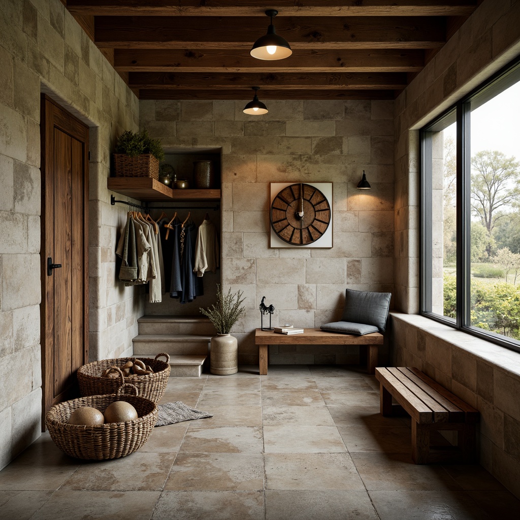 Prompt: Rustic mudroom, natural stone walls, earthy color palette, wooden accents, woven baskets, vintage outdoor gear, distressed wood shelving, industrial metal hooks, warm pendant lighting, rough-textured concrete floor, organic fabric drapes, nature-inspired artwork, soft focus photography, 1/1 composition, moody atmospheric lighting.