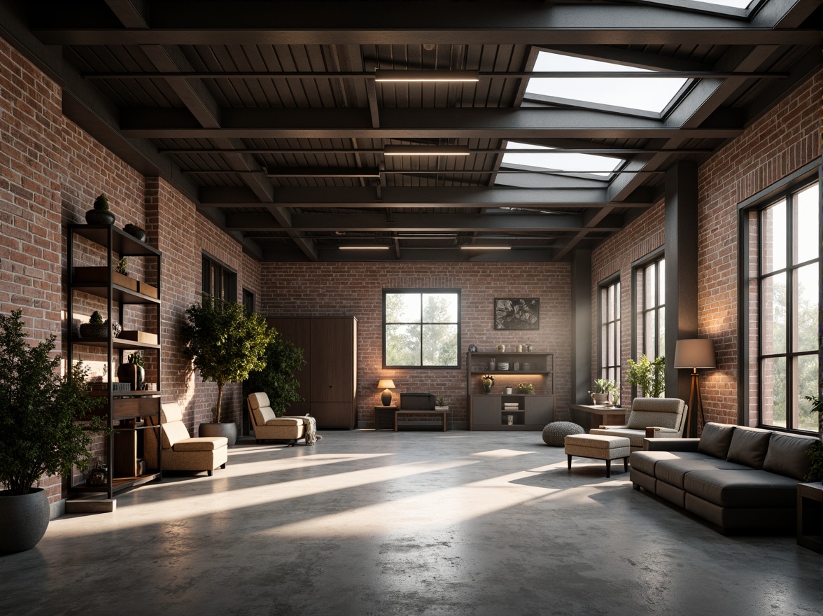 Prompt: Minimalist family garage, industrial chic decor, exposed brick walls, polished concrete floors, sleek metal beams, sparse furniture, functional storage systems, natural light pouring through skylights, warm LED strip lighting, softbox lights, floor lamps with minimalist shades, dramatic shadows, low-key ambiance, 1/1 composition, high-contrast ratio, realistic textures, subtle color grading.