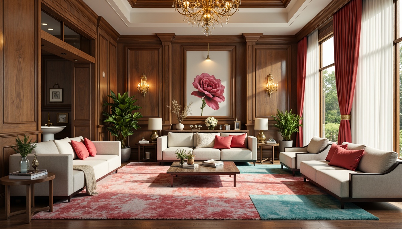 Prompt: Rich velvet fabrics, luxurious marble accents, warm golden lighting, soft creamy whites, deep charcoal grays, rich turquoise blues, vibrant coral pinks, natural wood tones, ornate metallic fixtures, plush area rugs, elegant crystal chandeliers, sophisticated modern furniture, subtle texture contrasts, warm beige backgrounds, inviting cozy atmosphere, 1/1 composition, realistic reflections, ambient occlusion.