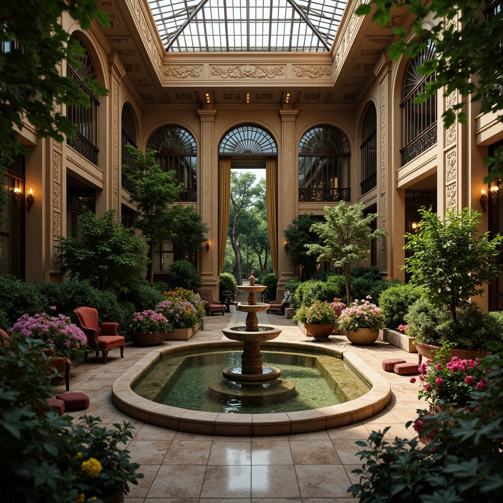 Prompt: Ornate indoor garden, curved marble fountain, lush greenery, exotic flowers, delicate Rococo-inspired ironwork, intricate stone carvings, ornamental mirrors, gilded frames, soft warm lighting, shallow depth of field, 1/1 composition, intimate setting, realistic textures, ambient occlusion, velvet drapes, antique furniture, luxurious upholstery, subtle scent of blooming flowers.