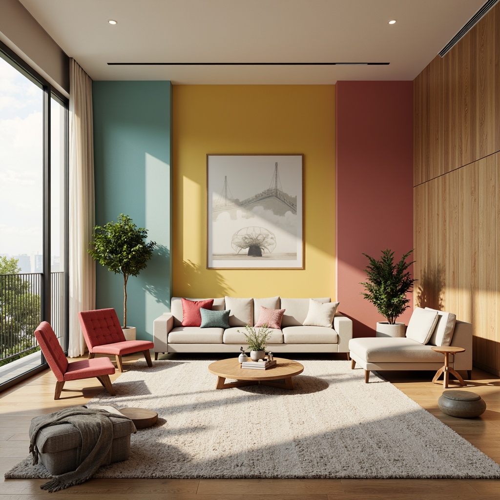 Prompt: Vibrant living room, bold accent walls, pastel-hued furniture, rich wood tones, soft cream ceilings, warm beige floors, cozy throw blankets, natural light pouring in, large windows, elegant curtains, subtle texture patterns, 3D visual effects, cinematic lighting, shallow depth of field, modern interior design.