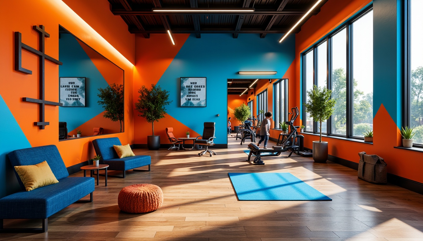 Prompt: Vibrant home gym, bold color blocking, energetic neon accents, sleek modern equipment, motivational quotes, wooden flooring, large mirrors, natural light pouring in, warm and inviting atmosphere, cozy corner seating, plush workout mats, metallic trim details, dynamic LED lighting, futuristic aesthetic, high-contrast color palette, deep blue tones, bright orange hues, creamy whites, rich wood textures, abstract geometric patterns, 3/4 composition, shallow depth of field, realistic renderings.