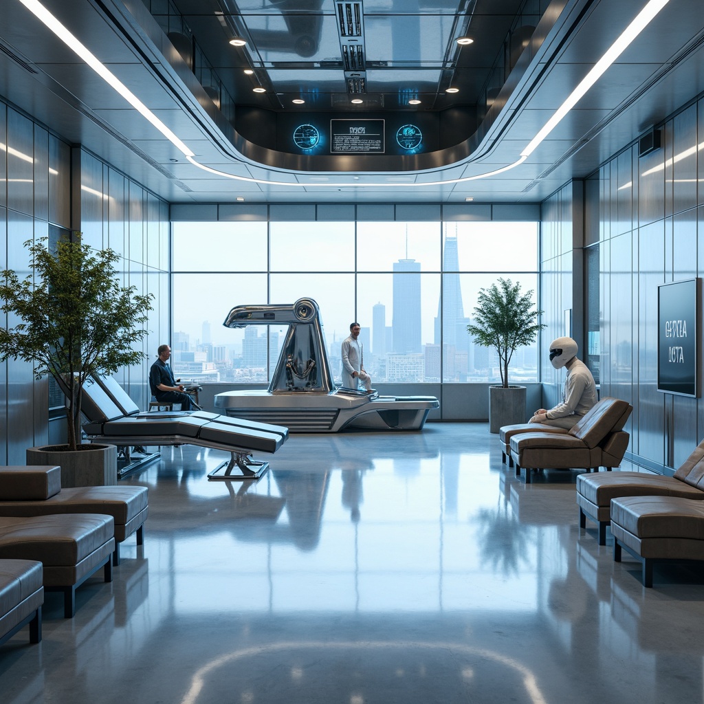 Prompt: Futuristic clinic interior, metallic surfaces, glossy finishes, neon-lit accents, holographic displays, sleek glass partitions, minimalist furniture, sterile white walls, polished chrome fixtures, ambient LED lighting, soft blue hues, calming atmosphere, advanced medical equipment, robotic assistants, high-tech gadgetry, leather-upholstered chairs, smooth wood accents, subtle texture gradients, 3D-printed decorative elements, futuristic font typography, panoramic cityscape views, shallow depth of field, realistic reflections.