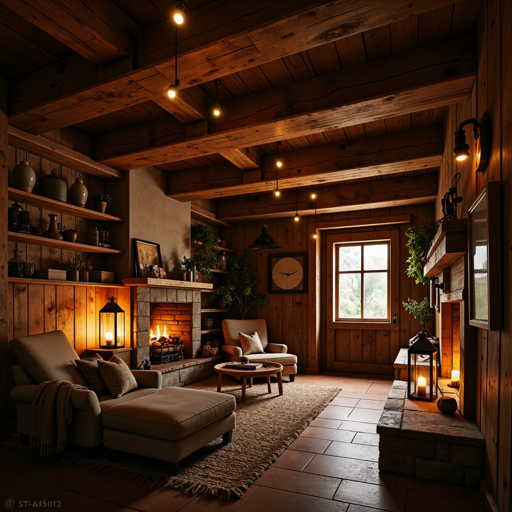 Prompt: Warm farmhouse interior, rustic wooden beams, vintage metal lanterns, soft warm lighting, candlelit ambiance, cozy reading nooks, plush throw blankets, natural stone fireplace, distressed wood accents, earthy color palette, warm golden tones, cinematic mood lighting, high contrast ratio, dramatic shadows, 180-degree camera rotation, medium shot framing, realistic texture rendering, ambient occlusion, film grain effect.