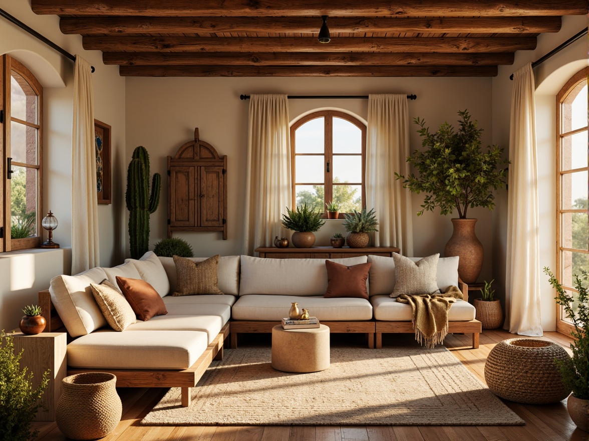 Prompt: Earthy wooden accents, rustic wooden beams, warm beige tones, natural textures, southwestern-inspired decor, cozy living room, comfortable furniture, plush throw blankets, woven baskets, vintage pottery, desert botanicals, cacti, succulents, warm golden lighting, shallow depth of field, 3/4 composition, realistic wood grain, ambient occlusion.