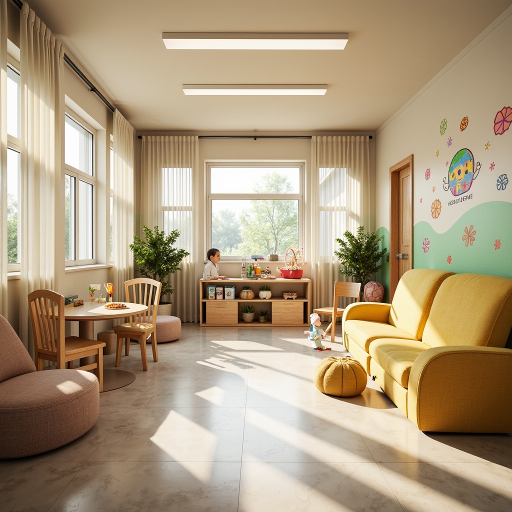 Prompt: Vibrant kindergarten interior, streamline modern design, soft pastel colors, creamy whites, warm wood accents, playful polka dots, colorful educational graphics, whimsical wall murals, rounded furniture edges, ergonomic seating, natural light pouring in, sheer curtains filtering sunbeams, 1/1 composition, shallow depth of field, realistic textures, ambient occlusion.