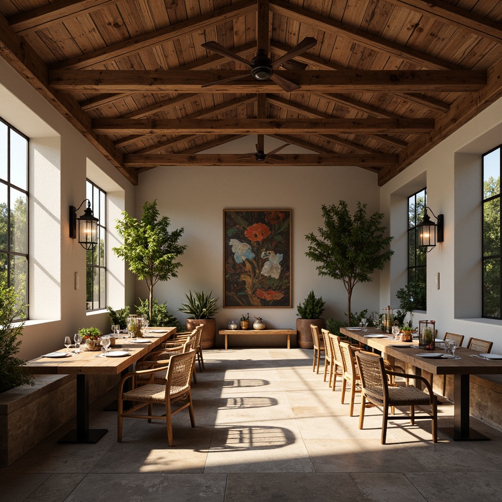 Prompt: Rustic farmhouse dining hall, reclaimed wood accents, vintage metal lanterns, natural stone walls, distressed wooden tables, woven rattan chairs, earthy color palette, nature-inspired artwork, potted greenery, linen drapes, soft warm lighting, shallow depth of field, 1/1 composition, realistic textures, ambient occlusion.