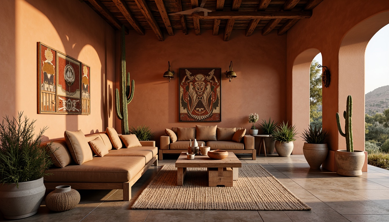 Prompt: Adobe earthy tones, warm terracotta walls, natural stone flooring, woven jute rugs, rustic wooden accents, vintage Native American patterns, distressed leather furniture, earthy ceramics, potted cacti, desert botanicals, warm candlelight, soft shadows, shallow depth of field, 1/1 composition, intimate atmosphere, realistic textures, ambient occlusion.