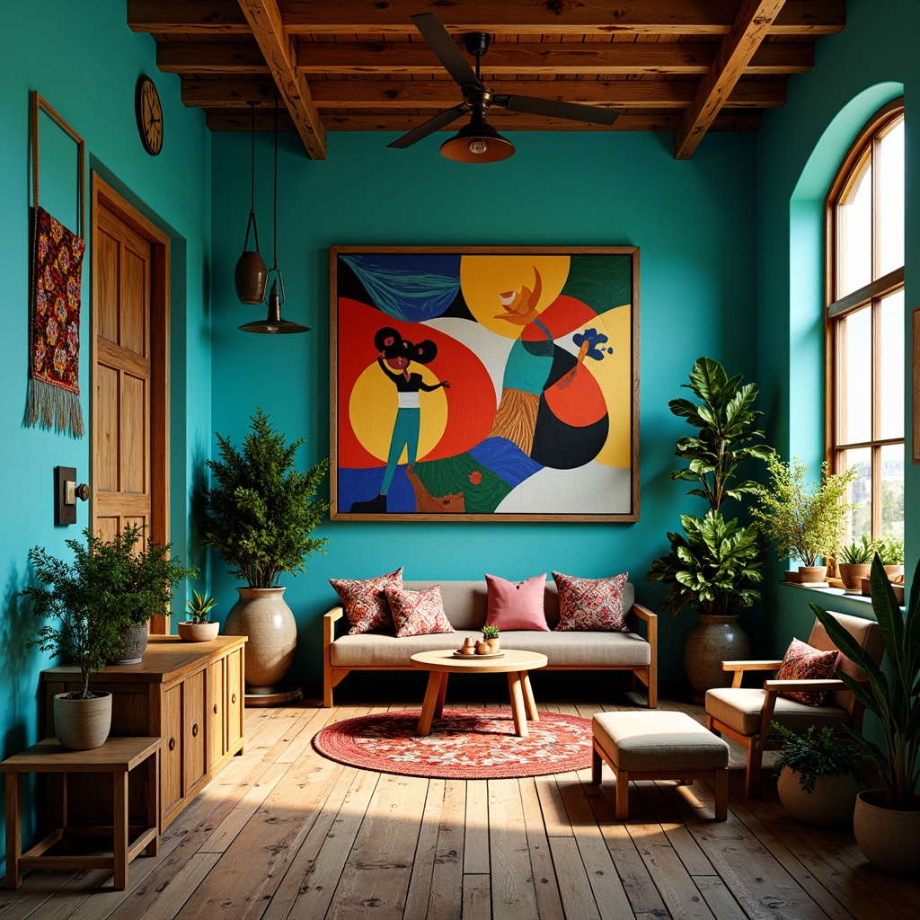 Prompt: Vibrant art studio, eclectic bohemian decor, rich turquoise walls, distressed wooden floors, vintage furniture, bold abstract artwork, colorful woven textiles, lush greenery, natural light pouring in, warm golden lighting, shallow depth of field, 1/1 composition, soft focus, realistic textures, ambient occlusion.