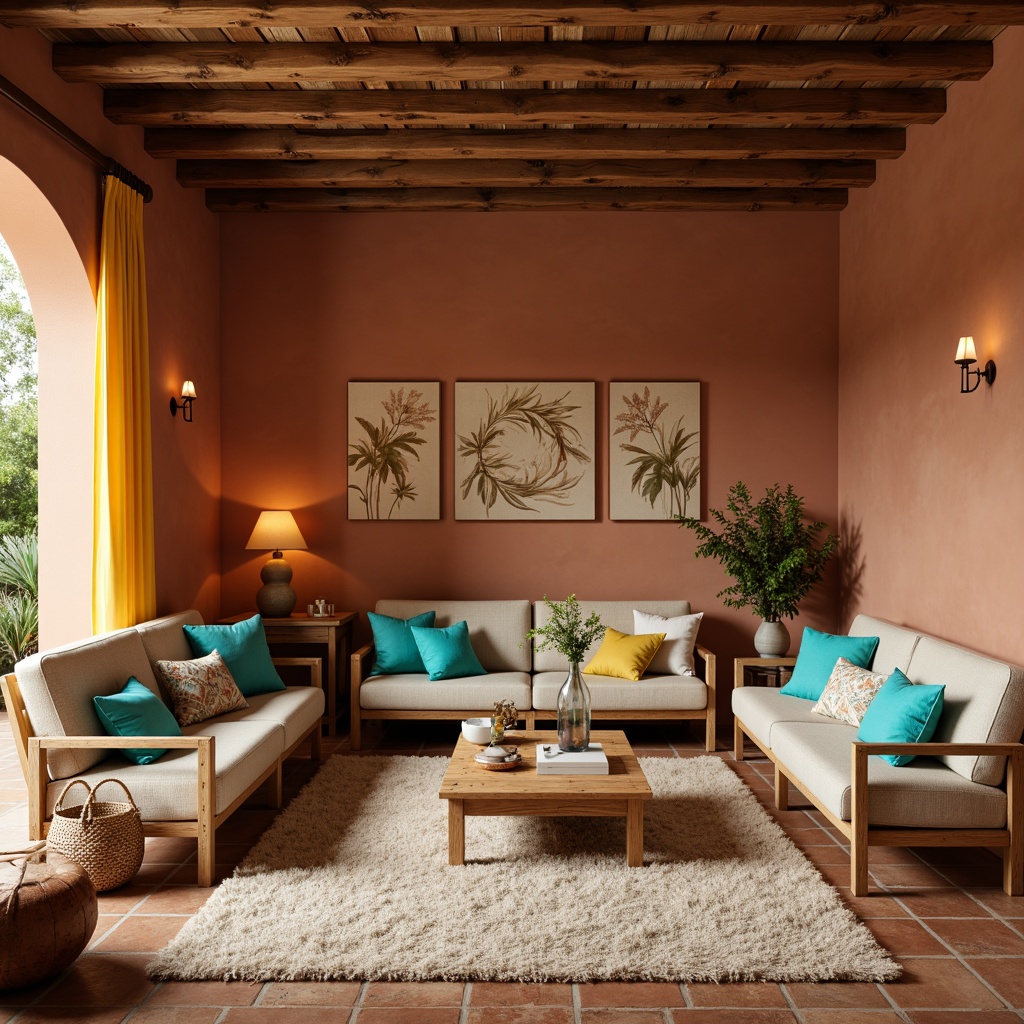 Prompt: Warm Mediterranean family room, earthy terracotta walls, soft beige sofas, vibrant turquoise accents, distressed wood furniture, natural stone flooring, plush cream-colored rugs, sunny yellow curtains, rustic wooden beams, cozy candle lighting, warm golden lamps, 1/2 composition, shallow depth of field, realistic textures, ambient occlusion.