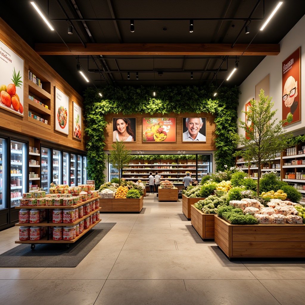 Prompt: Vibrant grocery store, warm earthy tones, rich wood accents, fresh green produce displays, colorful packaging designs, inviting entrance signs, modern metal shelving units, sleek glass refrigerators, natural stone flooring, abundant overhead lighting, soft warm ambiance, shallow depth of field, 1/1 composition, realistic textures, ambient occlusion.