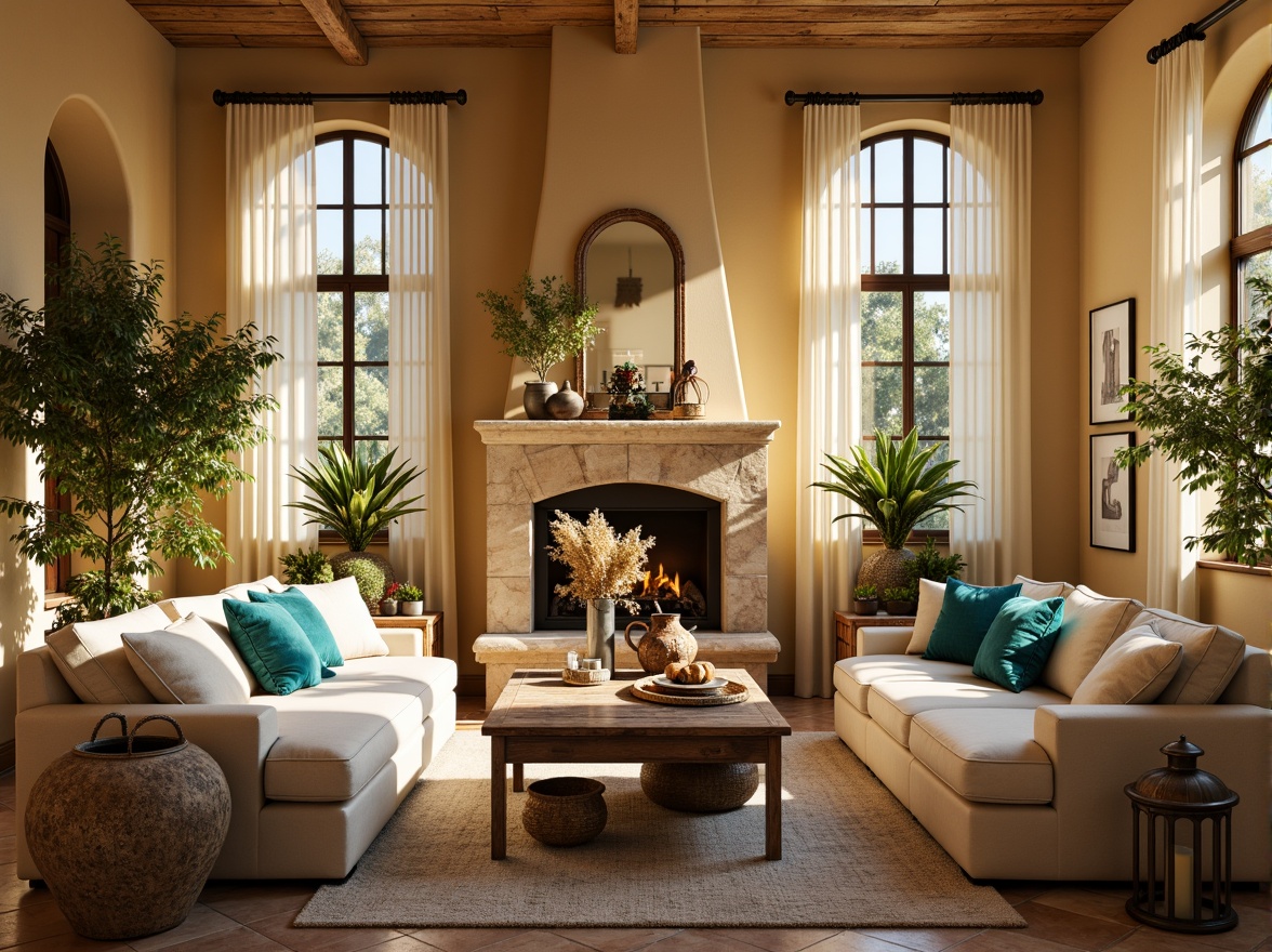 Prompt: Cozy family room, warm beige walls, soft golden lighting, plush sectional sofas, vibrant turquoise throw pillows, natural woven baskets, distressed wood coffee tables, earthy terracotta vases, lush greenery, rustic stone fireplaces, arched windows, creamy white drapes, Mediterranean-inspired tile floors, warm wood accents, rich velvet fabrics, ornate metal lanterns, sunny afternoon, shallow depth of field, 1/2 composition, realistic textures.