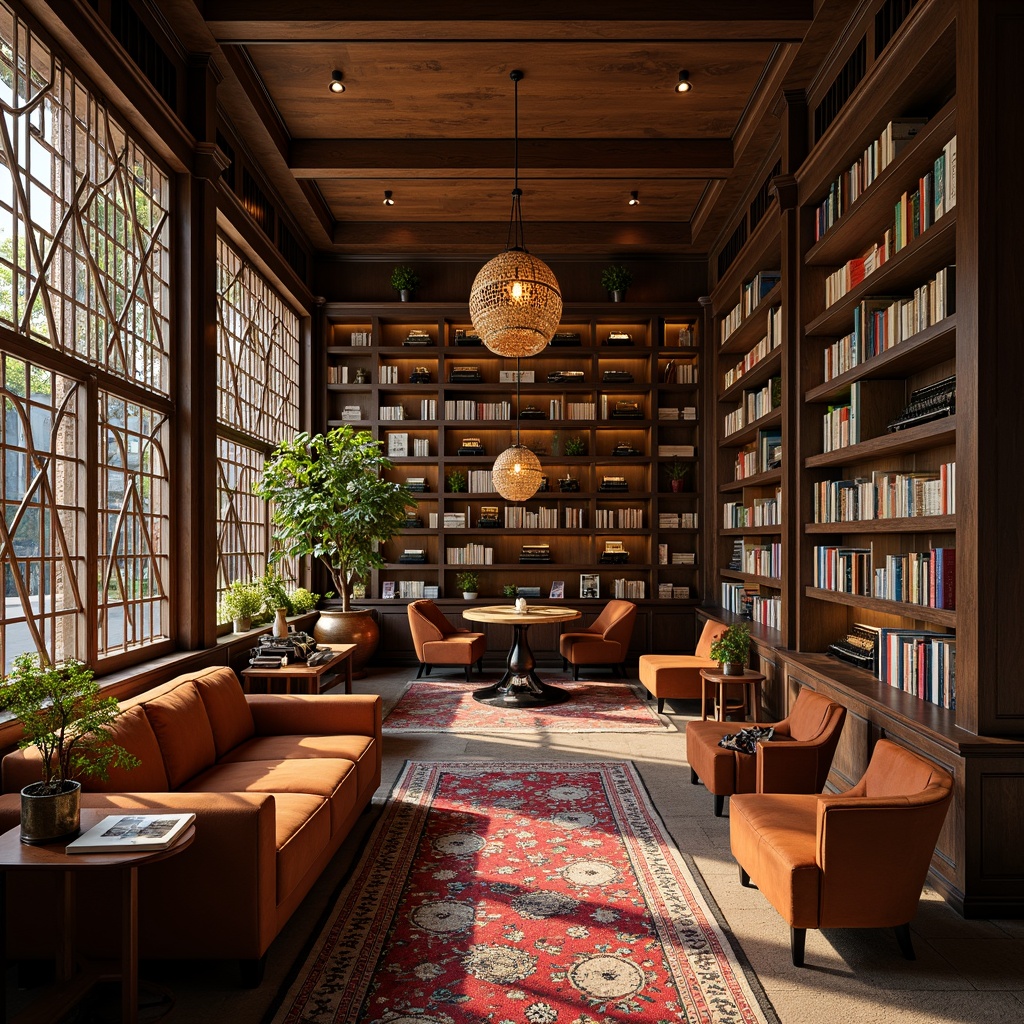 Prompt: Cozy bookstore interior, warm wood accents, comfortable seating areas, plush carpets, floor-to-ceiling bookshelves, vintage typewriter displays, soft warm lighting, rich leather armchairs, ornate metal latticework, elegant wooden tables, modern minimalist decor, bold colorful rugs, natural fiber upholstery, woven basket pendant lights, subtle texture contrasts, 1/2 composition, shallow depth of field, warm golden hour lighting.