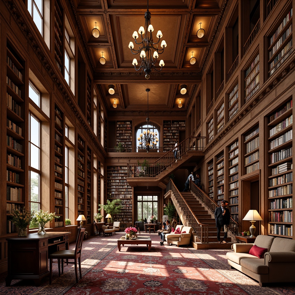 Prompt: Traditional library atmosphere, warm wooden shelving, ornate carvings, classic literature collections, comfortable reading nooks, soft warm lighting, rich wood tones, intricate moldings, grand staircase, elegant chandeliers, luxurious carpets, vintage furniture pieces, leather-bound books, cozy study areas, natural stone walls, tall ceilings, large windows, panoramic views, shallow depth of field, 3/4 composition, realistic textures, ambient occlusion.