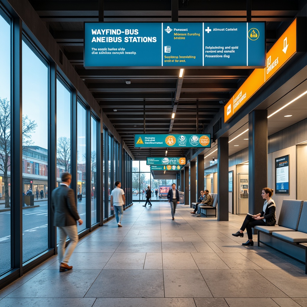 Prompt: Vibrant bus station interior, clear wayfinding signage, bold font typography, bright color scheme, intuitive navigation, pedestrian-friendly infrastructure, modern architectural design, sleek steel columns, large glass windows, natural stone flooring, comfortable seating areas, real-time digital displays, announcements and schedules, convenient amenities, Wi-Fi hotspots, charging stations, well-lit waiting areas, shallow depth of field, 3/4 composition, panoramic view, realistic textures, ambient occlusion.