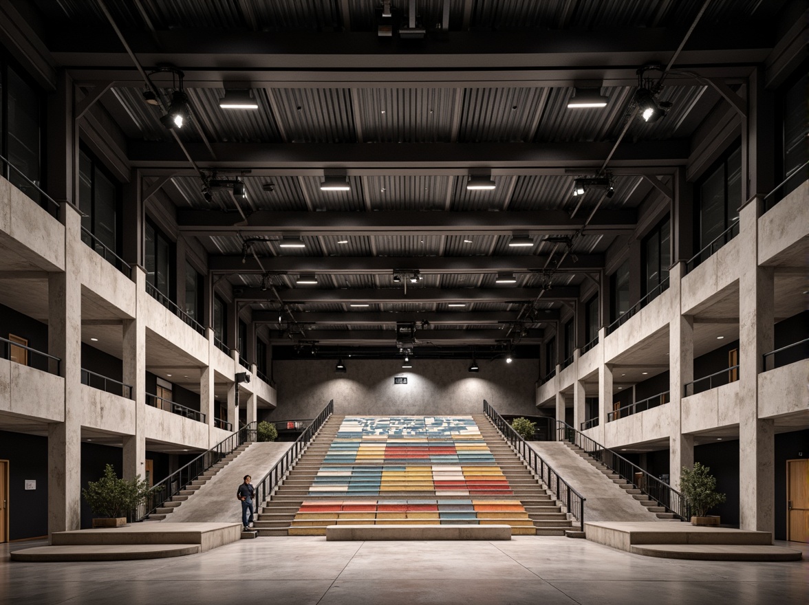 Prompt: Bauhaus-style amphitheater, steeply tiered seating, concrete steps, minimalist railings, industrial metal beams, exposed ductwork, functional simplicity, geometric shapes, primary color accents, bold typography, rectangular prisms, cantilevered platforms, dramatic spotlights, high-contrast lighting, 1/2 composition, low-angle view, cinematic atmosphere, detailed textures, subtle shadows.