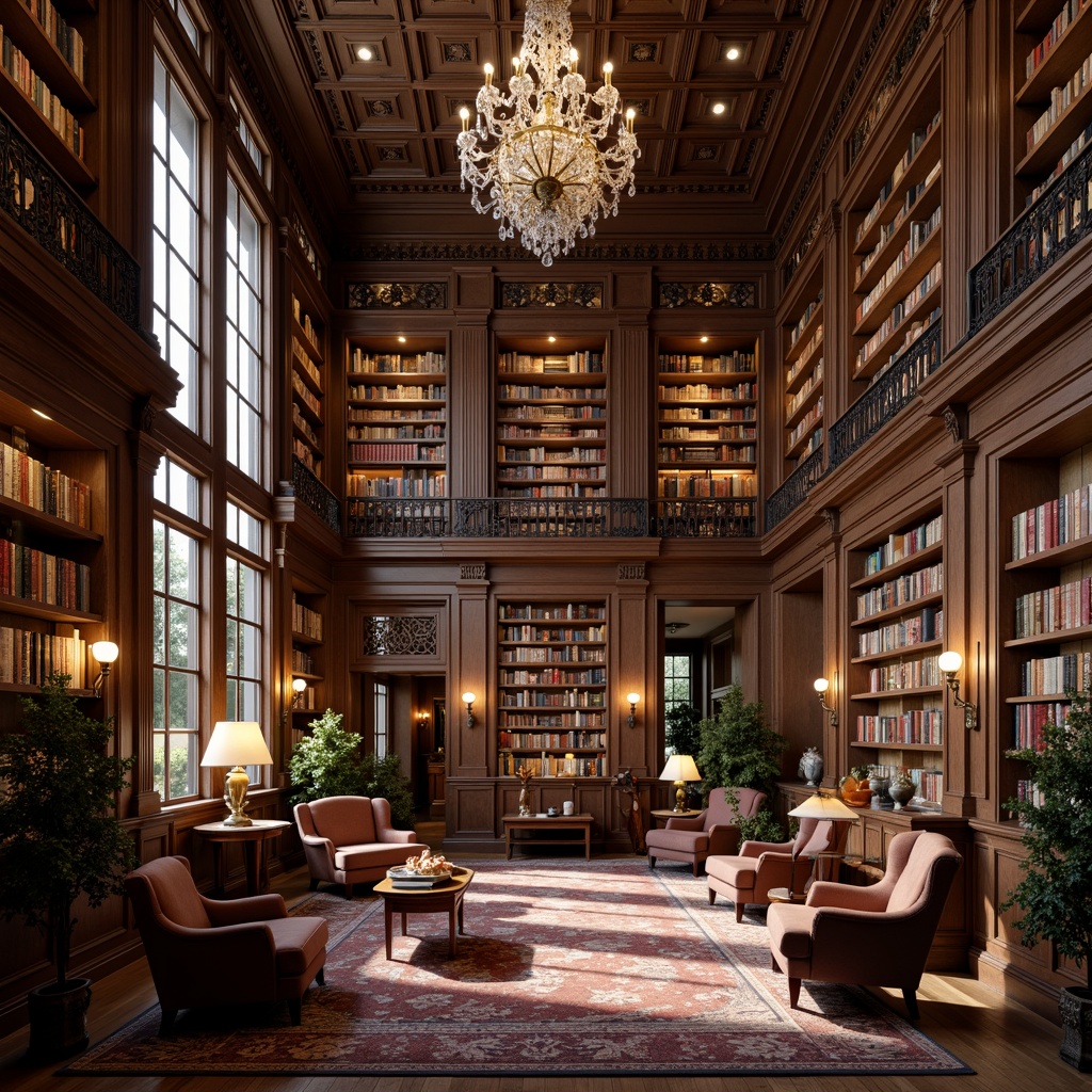 Prompt: Grand traditional library, ornate wooden shelves, leather-bound books, warm cozy atmosphere, soft warm lighting, table lamps, floor lamps, chandeliers, crystal pendants, rich wood tones, comfortable reading nooks, plush armchairs, classic architectural details, high ceilings, large windows, natural daylight, gentle diffused light, subtle shadows, 1/1 composition, realistic textures, ambient occlusion.