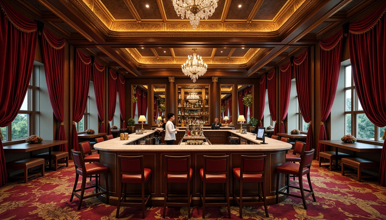 Prompt: Ornate home bar, luxurious velvet drapes, rich wood paneling, gilded frames, crystal chandeliers, opulent marble countertops, curved wooden legs, intricately carved wooden decorations, golden metal hardware, plush stools, crimson leather upholstery, ornamental mirrors, lavish fabric patterns, warm ambient lighting, low-key backlighting, 3/4 composition, soft focus effect, realistic textures.