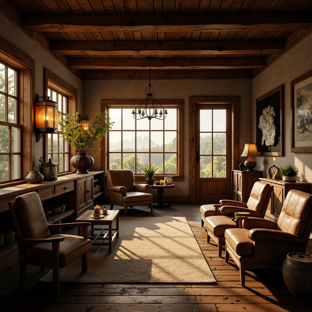 Prompt: Rustic farmhouse setting, warm golden lighting, softbox diffused illumination, natural daylight streaming through windows, lantern-style pendant lamps, vintage metal fixtures, candles and fireplaces, cozy atmospheric ambiance, earthy tones, wooden accents, distressed textures, worn leather furniture, country-inspired decor, rural landscape views, overcast skies, misty mornings, 1/2 composition, cinematic framing, warm color grading, realistic reflections.